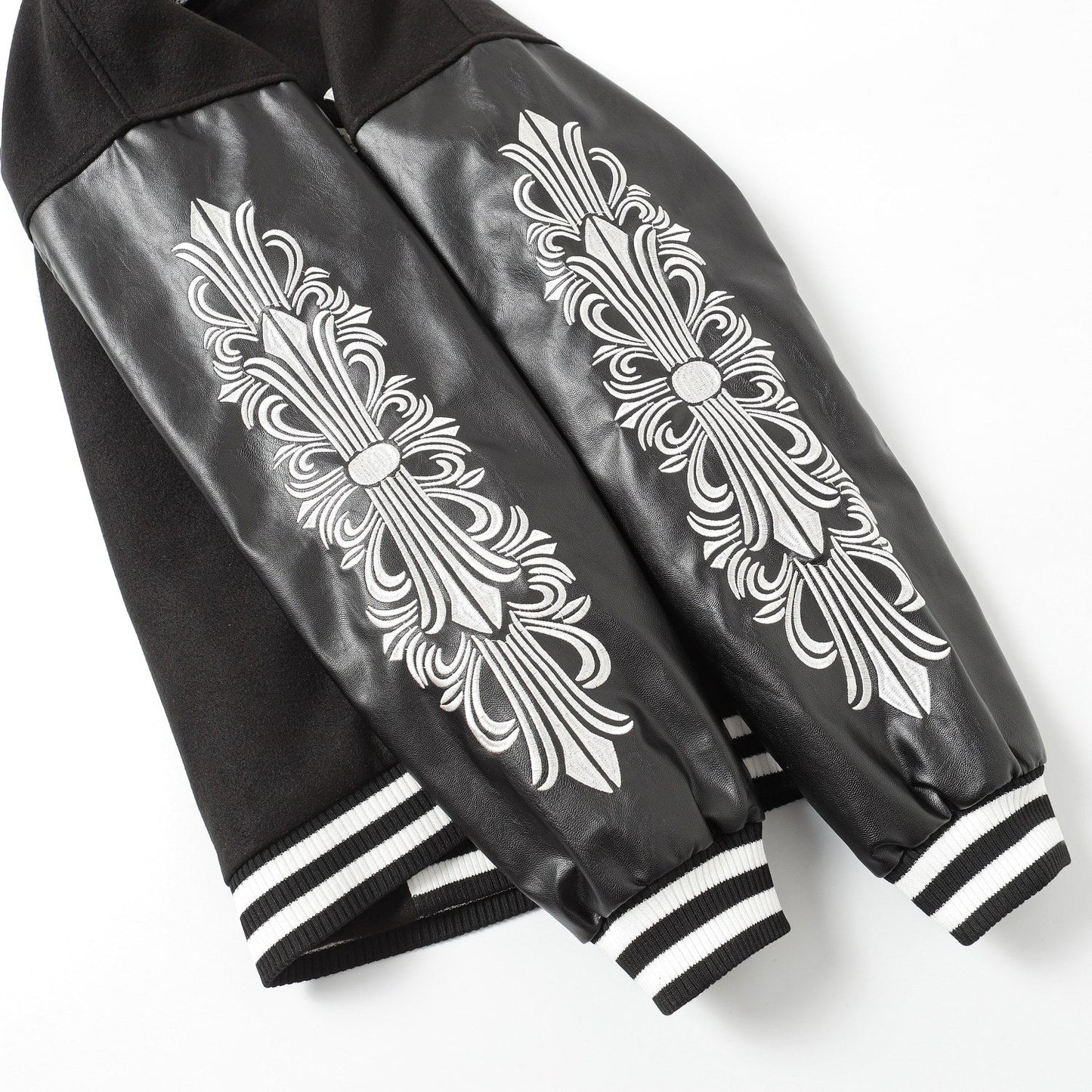 Chrome Hearts Cross Embroidered Leather Sleeve Varsity Jacket - Black Street Style 116