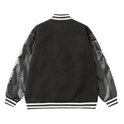 Chrome Hearts Cross Embroidered Leather Sleeve Varsity Jacket - Black Street Style 116