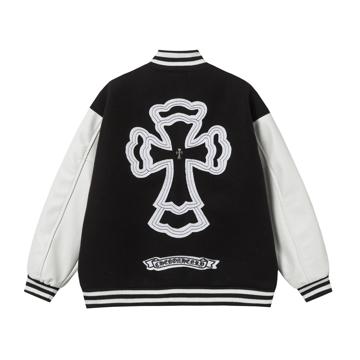 Chrome Hearts Layered Cross Varsity Jacket - Black White Street Style Outerwear 2208