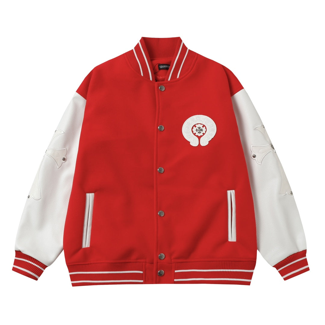 Chrome Hearts Red Cross Varsity Jacket - White Sleeve Gothic Street Baseball Coat D68